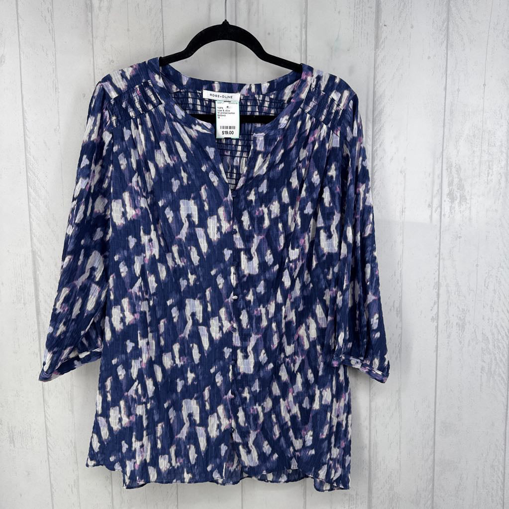 1X printed button down 3/4 slv top