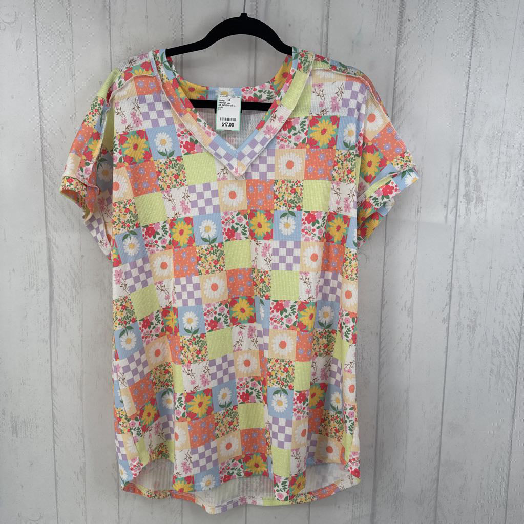 3X patchwork v-neck s/s tee