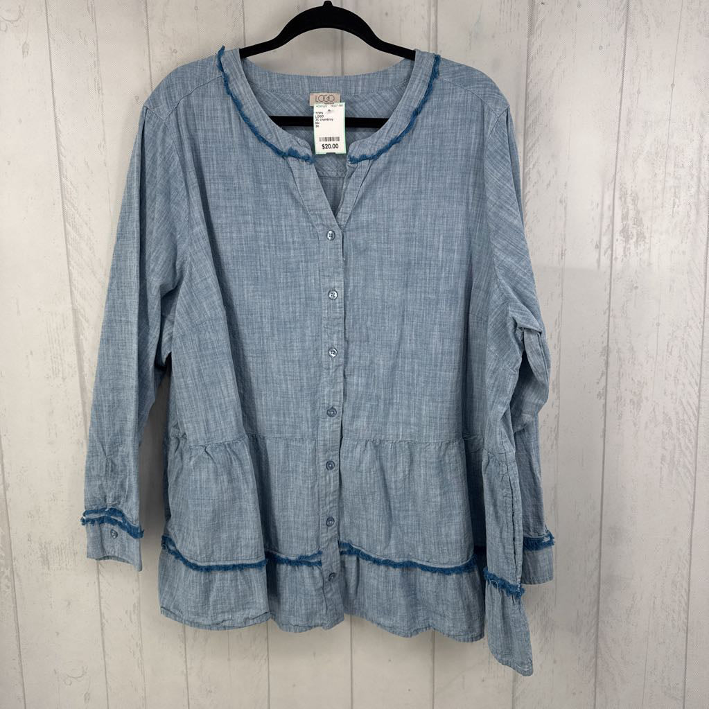 3X chambray button down tiered l/s top
