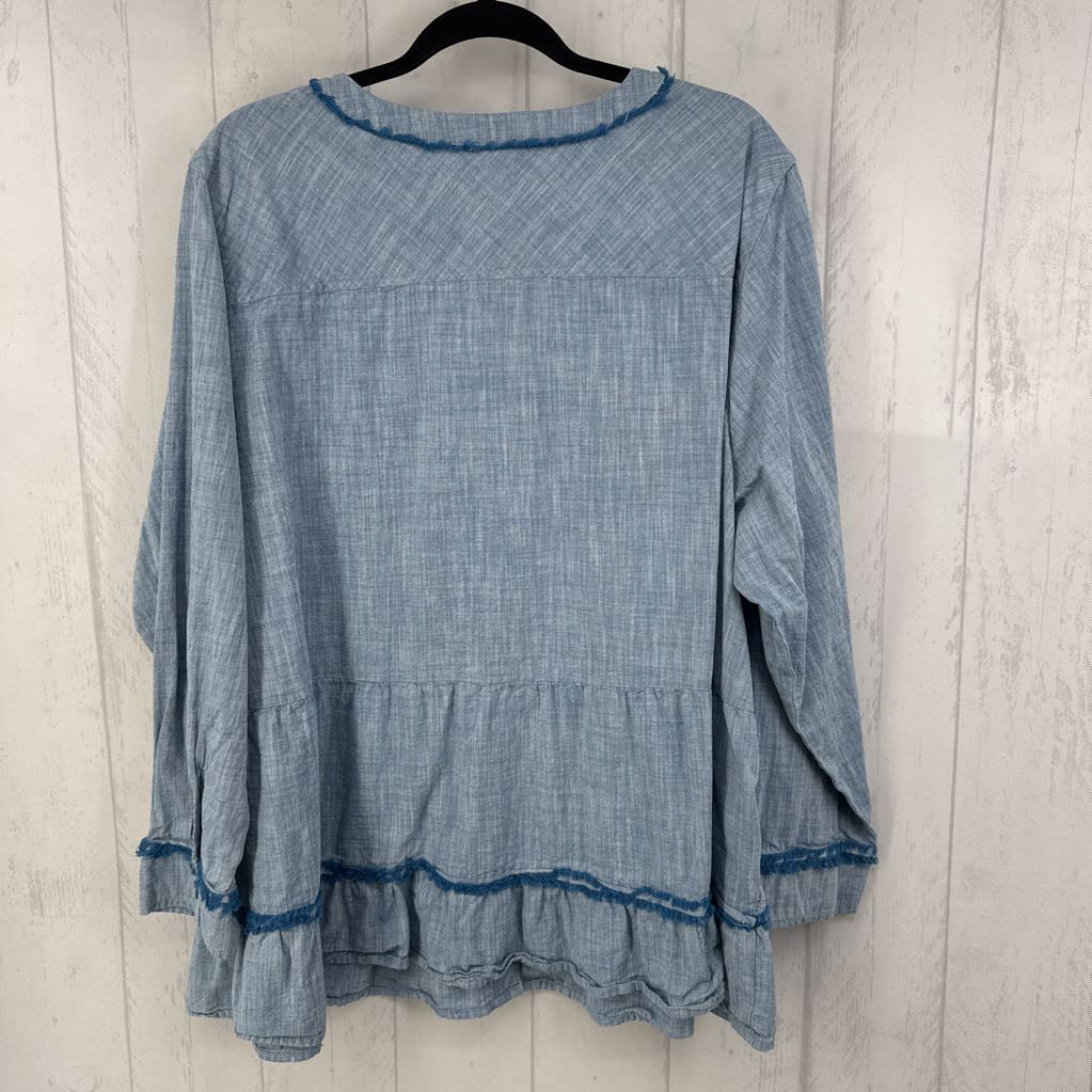 3X chambray button down tiered l/s top