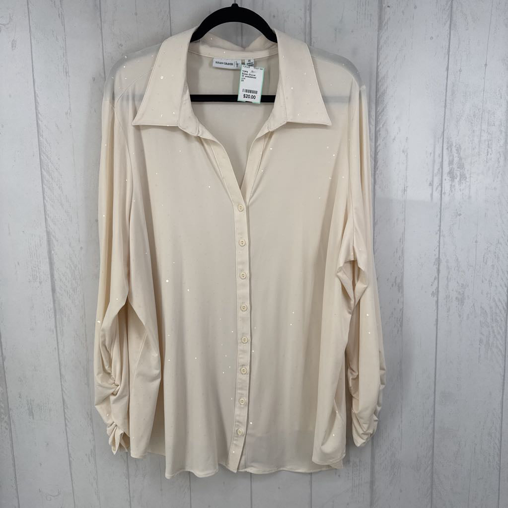 3X embelished button down ruched l/s top