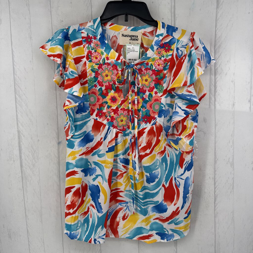 S flo print tie front flutter slv top