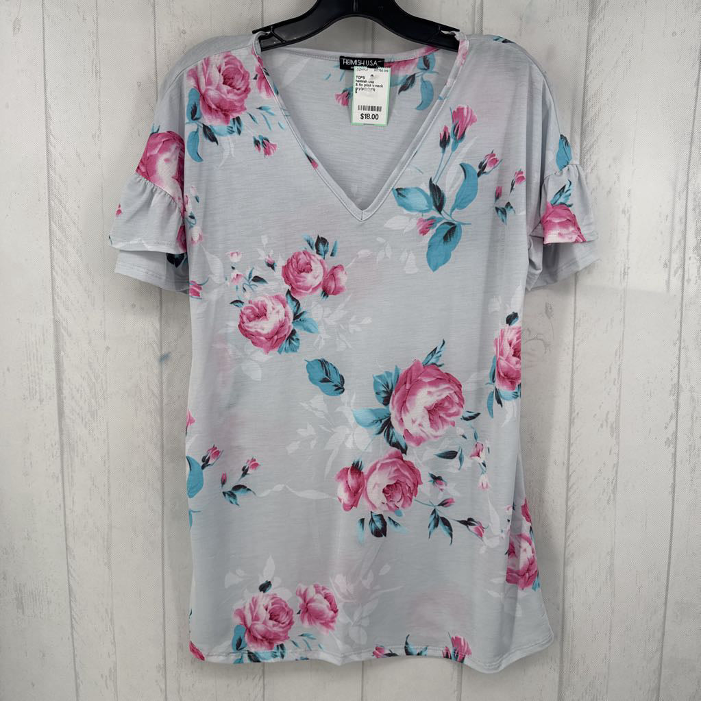 S flo print v-neck flutter slv top s/s