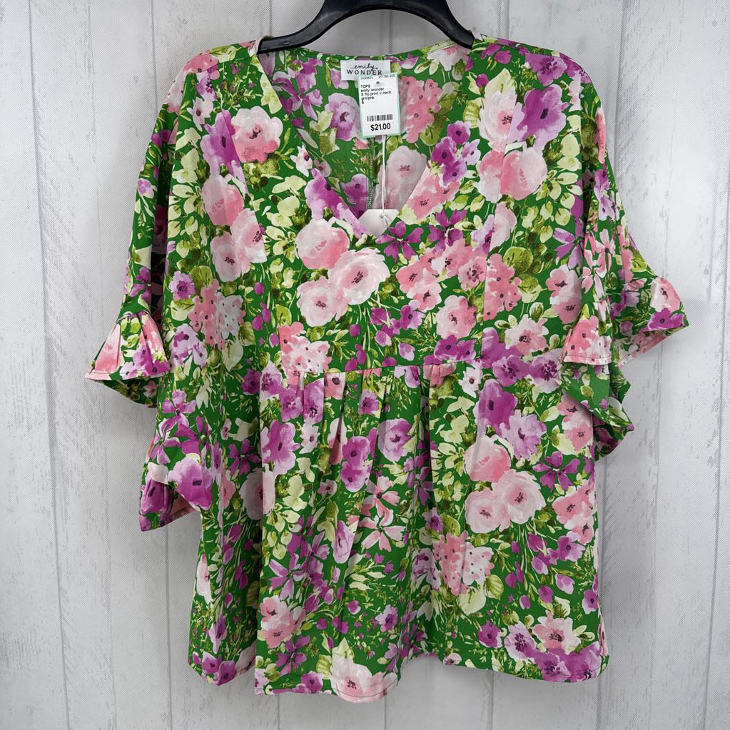 S flo print v-neck flare slv peplum top