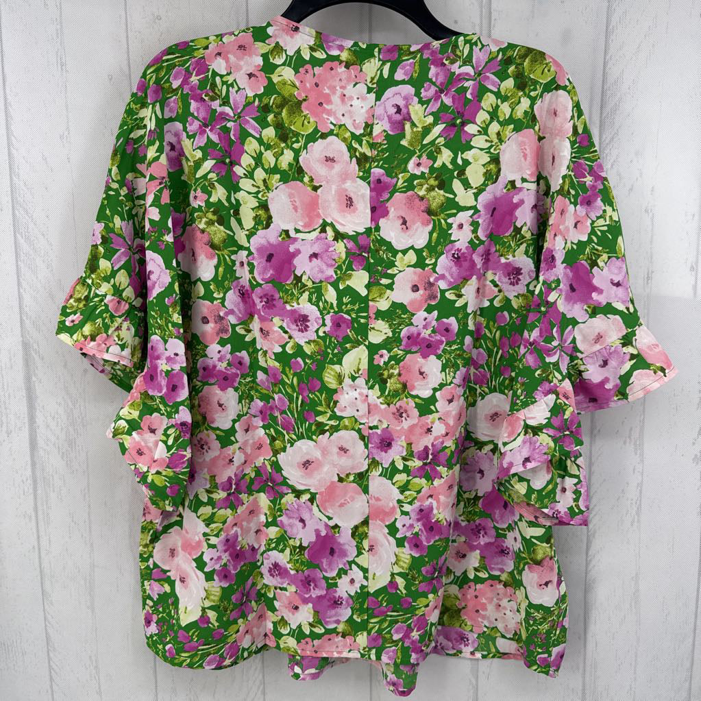 S flo print v-neck flare slv peplum top