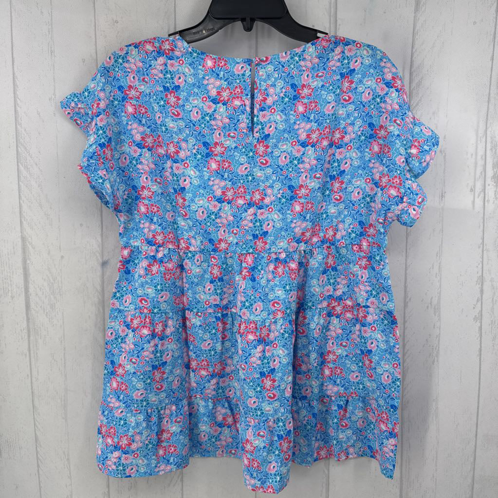 S flo print tiered flutter slv top