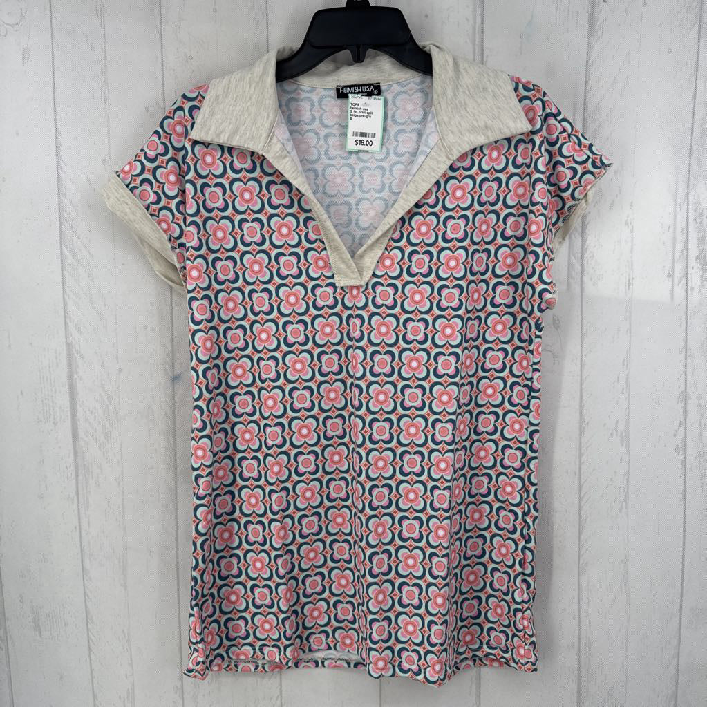 S flo print split neck cap slv top