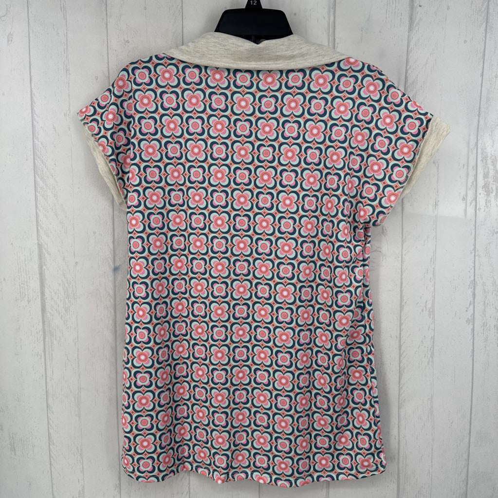 S flo print split neck cap slv top