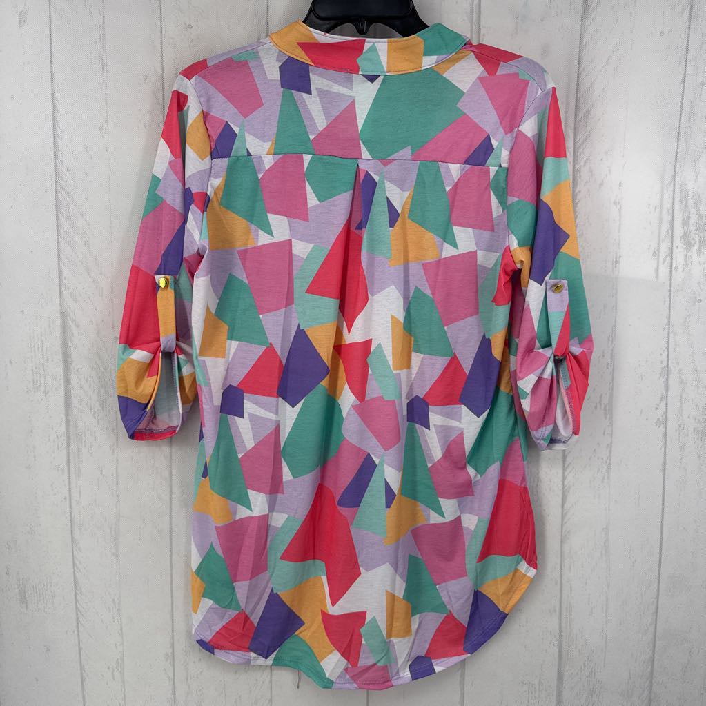 S printed split neck tab slv top