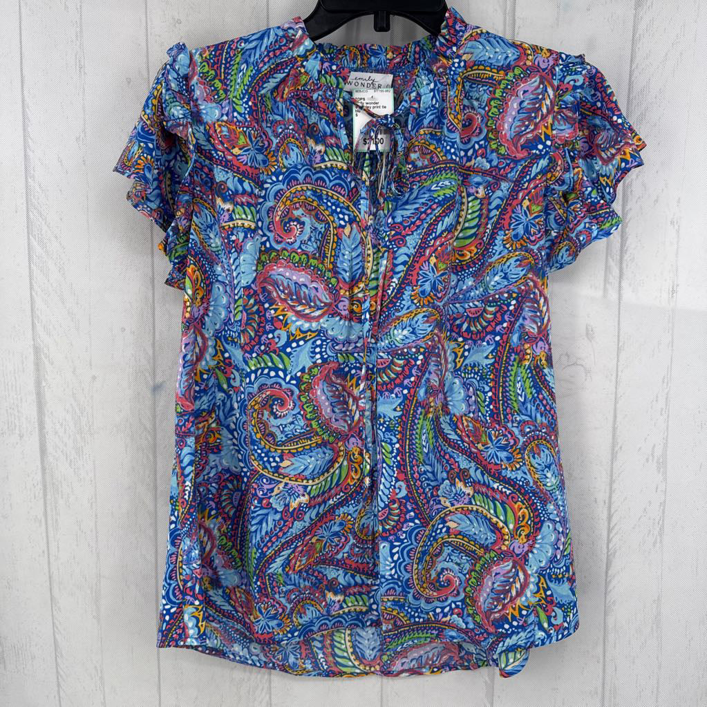 S paisley print tie front flutter slv top