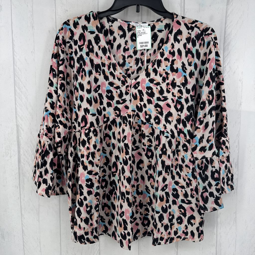 S animal print v-neck flutter slv top 3/4 slv