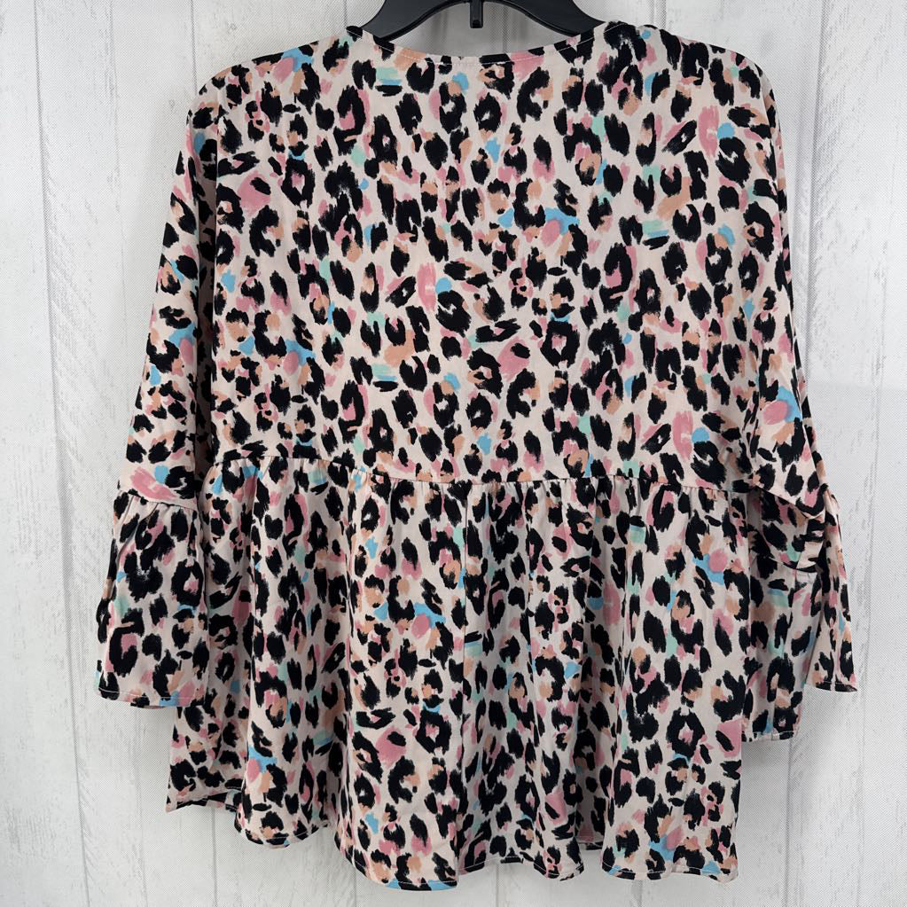 S animal print v-neck flutter slv top 3/4 slv