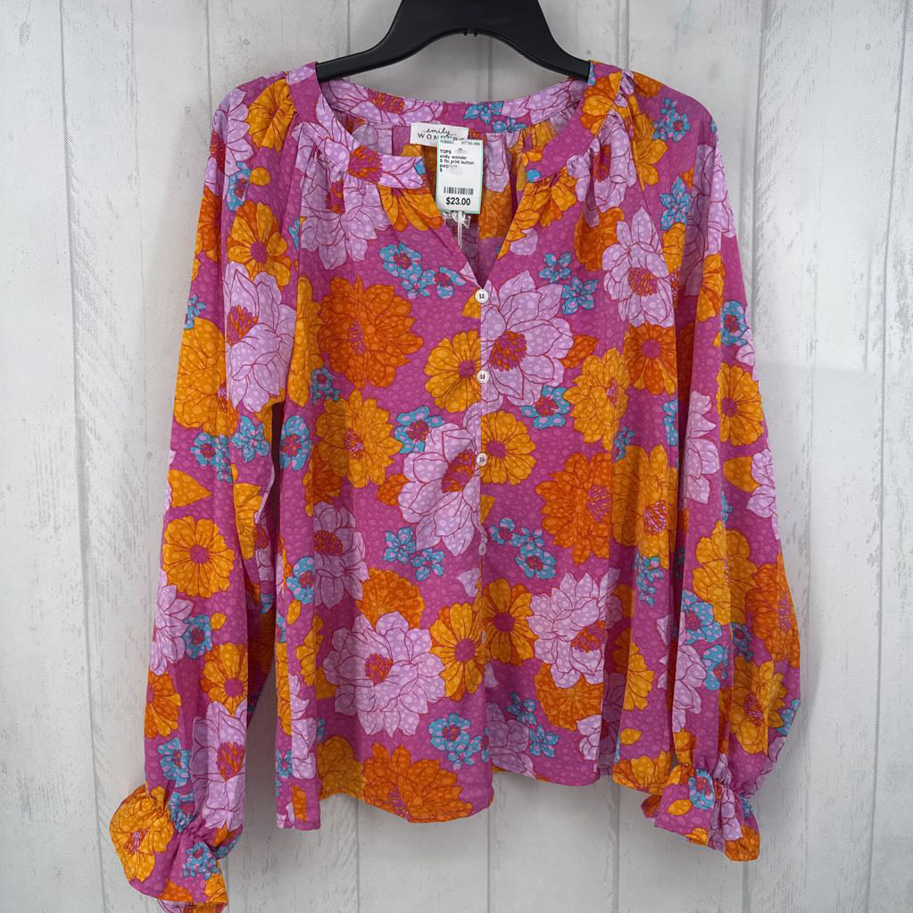 S flo print button down l/s top