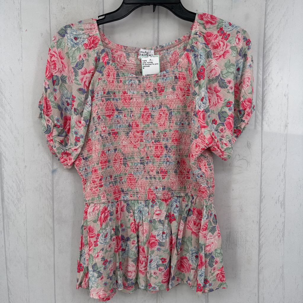 M smocked flo print s/s peplum top