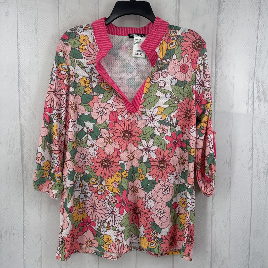 M waffle knit flo print split neck 3/4 slv top
