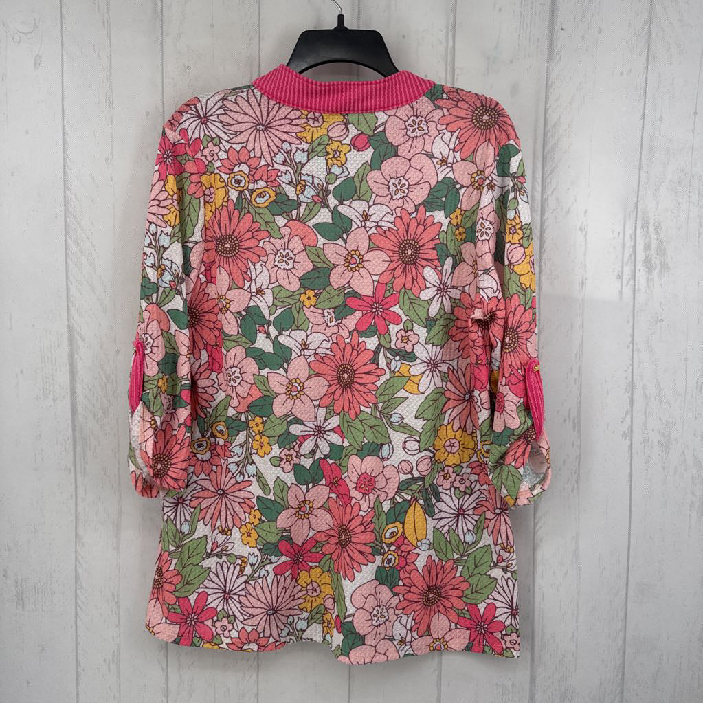 M waffle knit flo print split neck 3/4 slv top