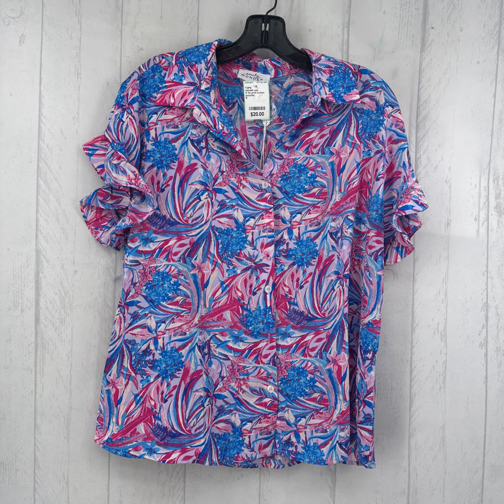 S flo print button down s/s top