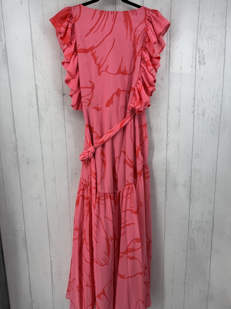 L ruffle slv flower print wrap maxi dress