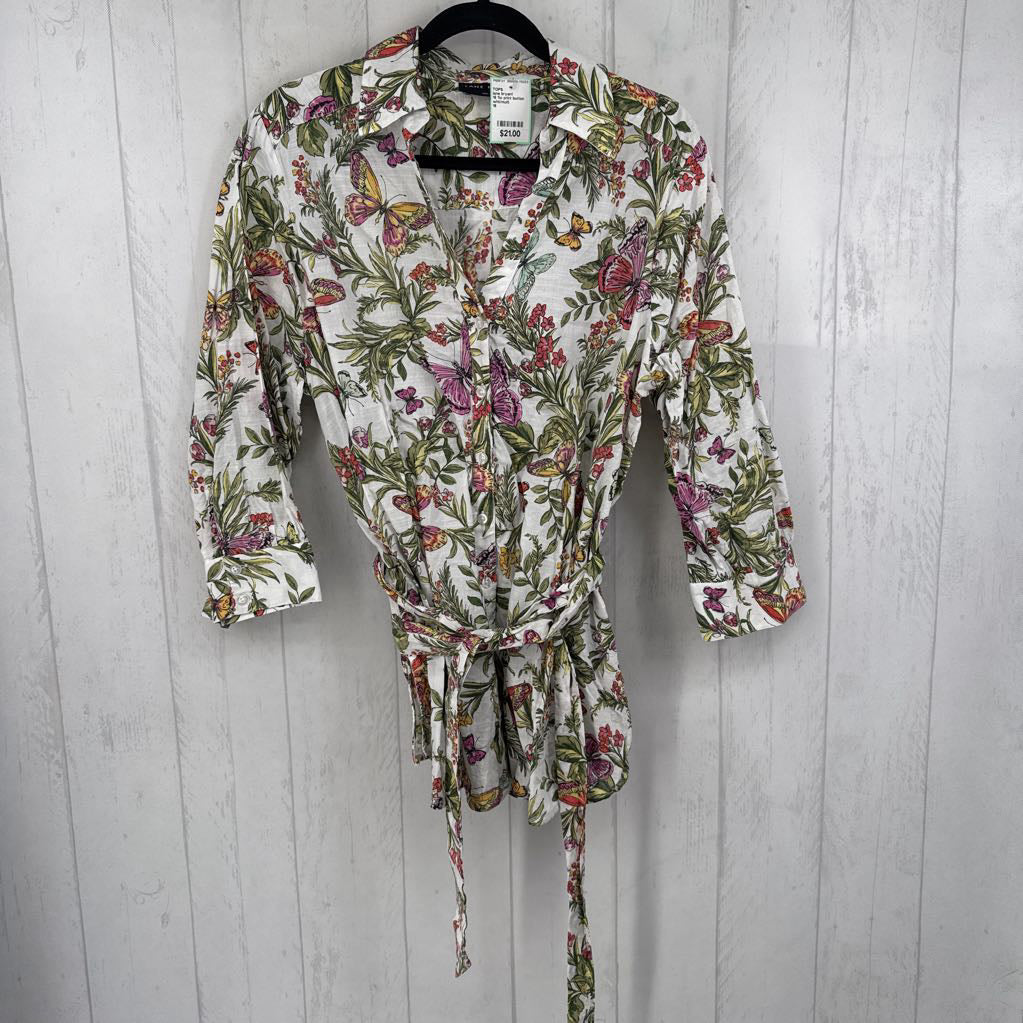 16 flo print button down 3/4 slv top