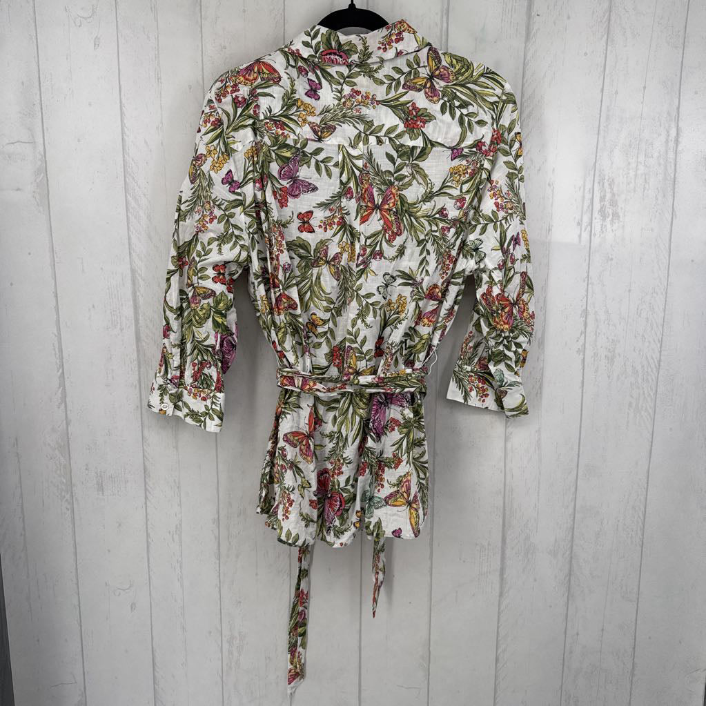 16 flo print button down 3/4 slv top