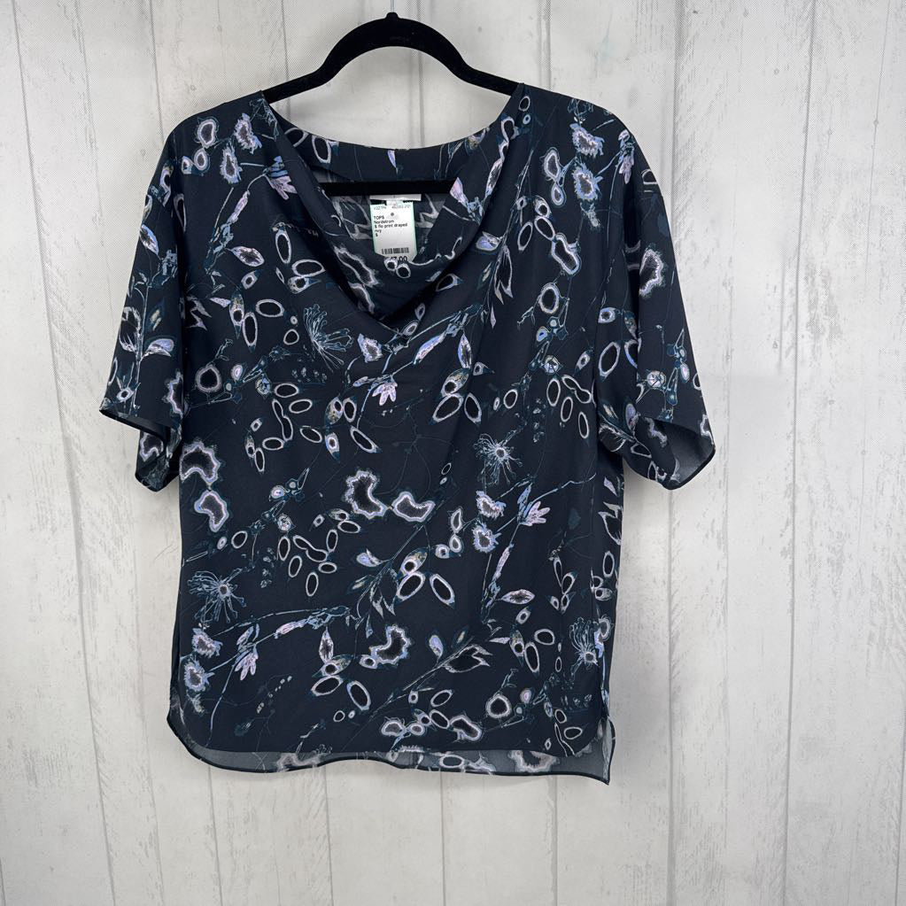 S flo print draped neck s/s top