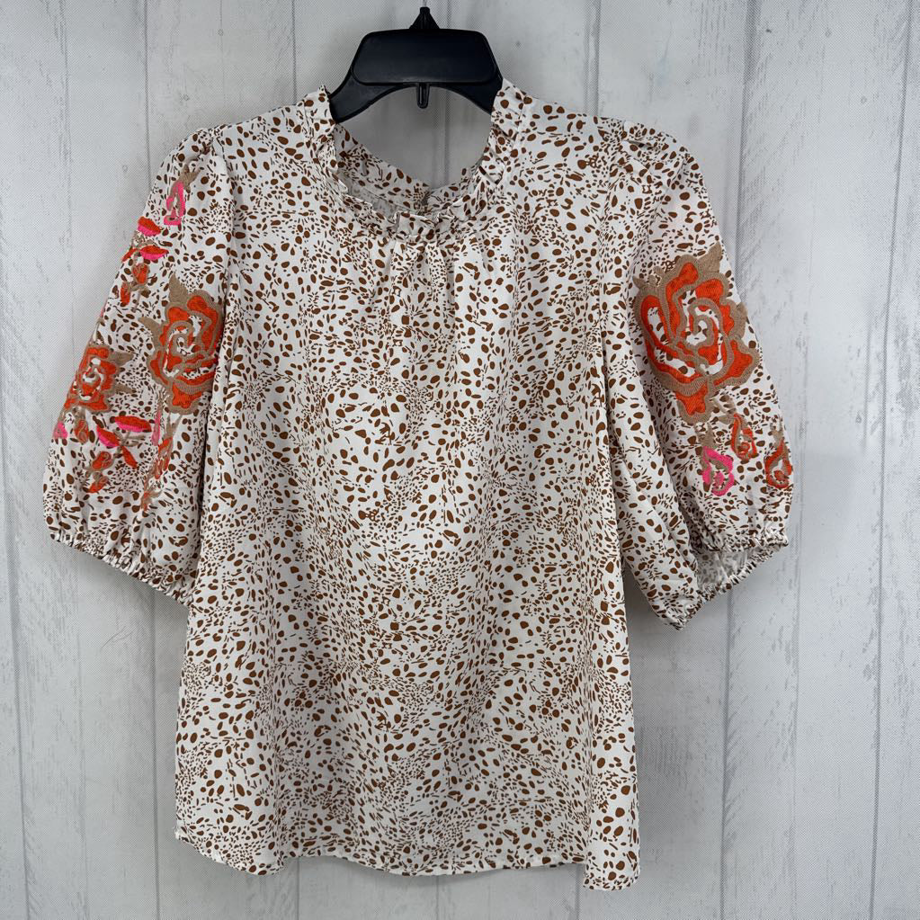 S animal print woven flo slv top s/s