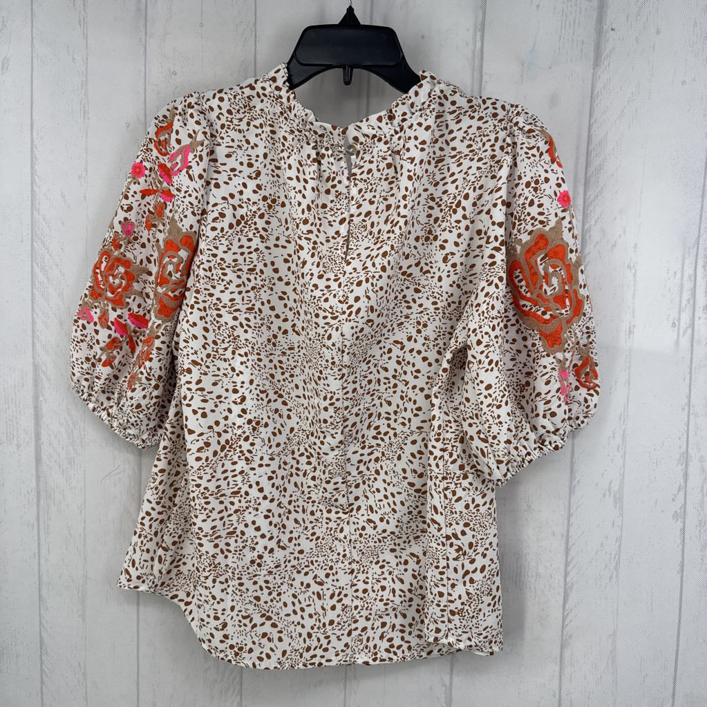 S animal print woven flo slv top s/s
