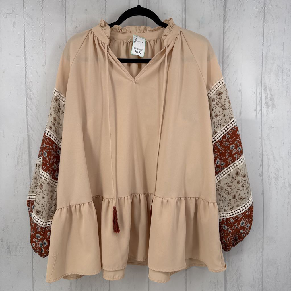 M flower print slv ruffle hem top