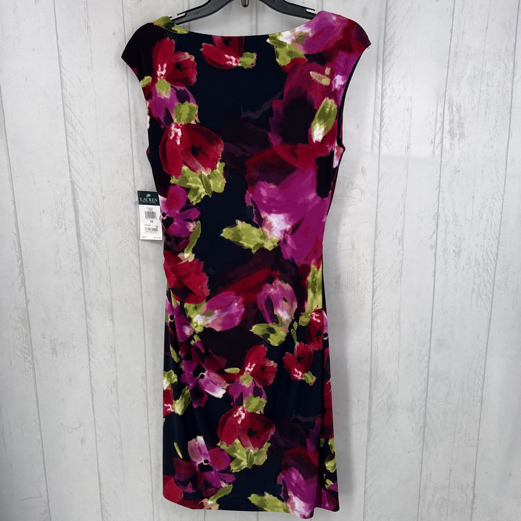 R134 10 flo print draped neck slvls dress