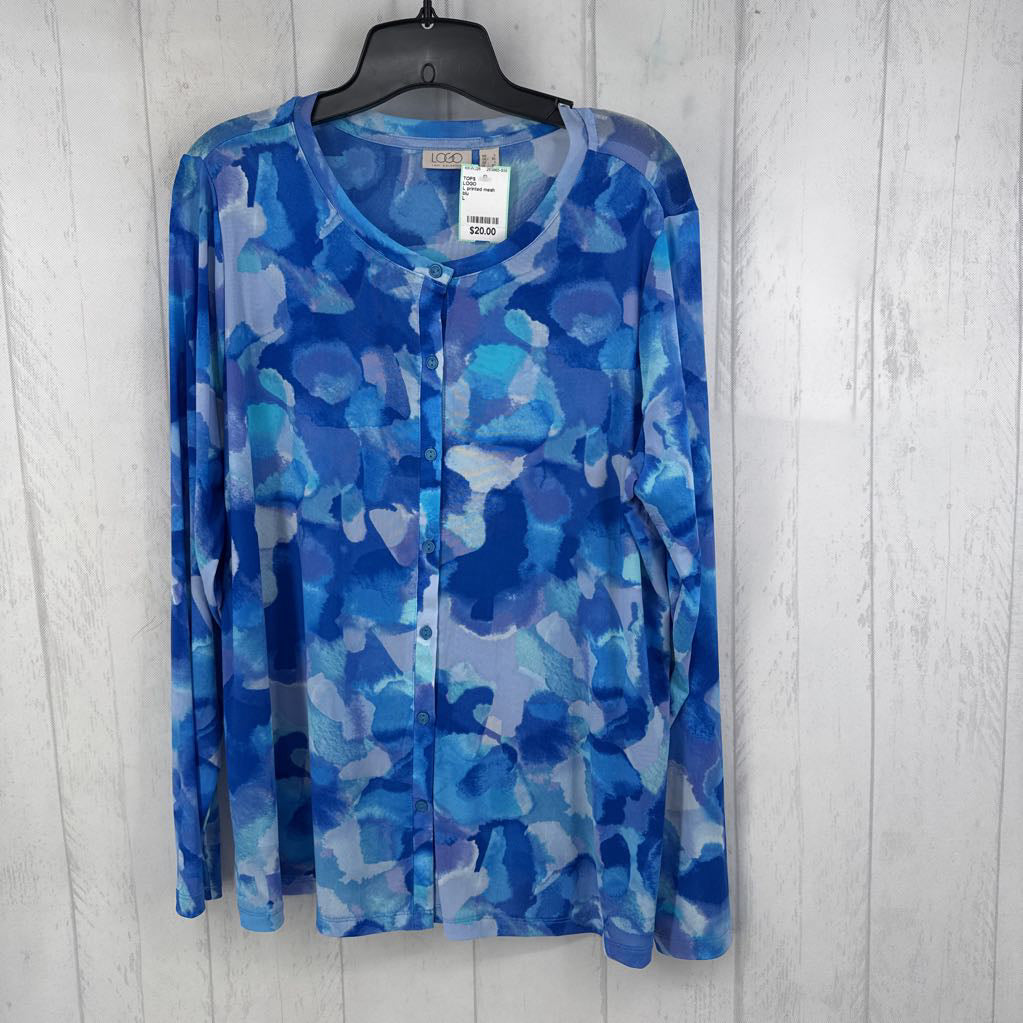 L printed mesh button down l/s top