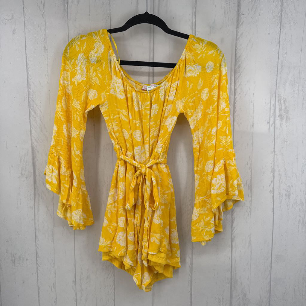 XXL belted flo print ruffled slv romper