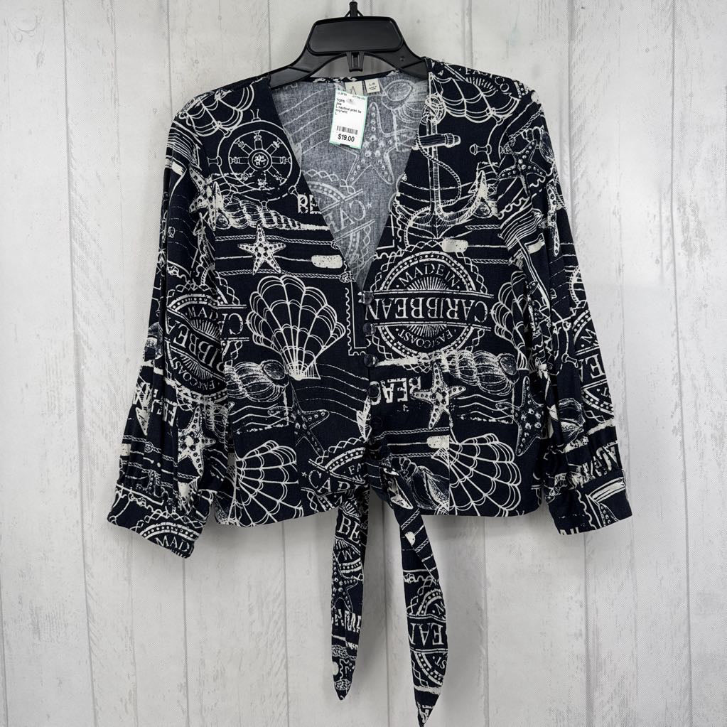 L nautical print tie front 3/4 slv top