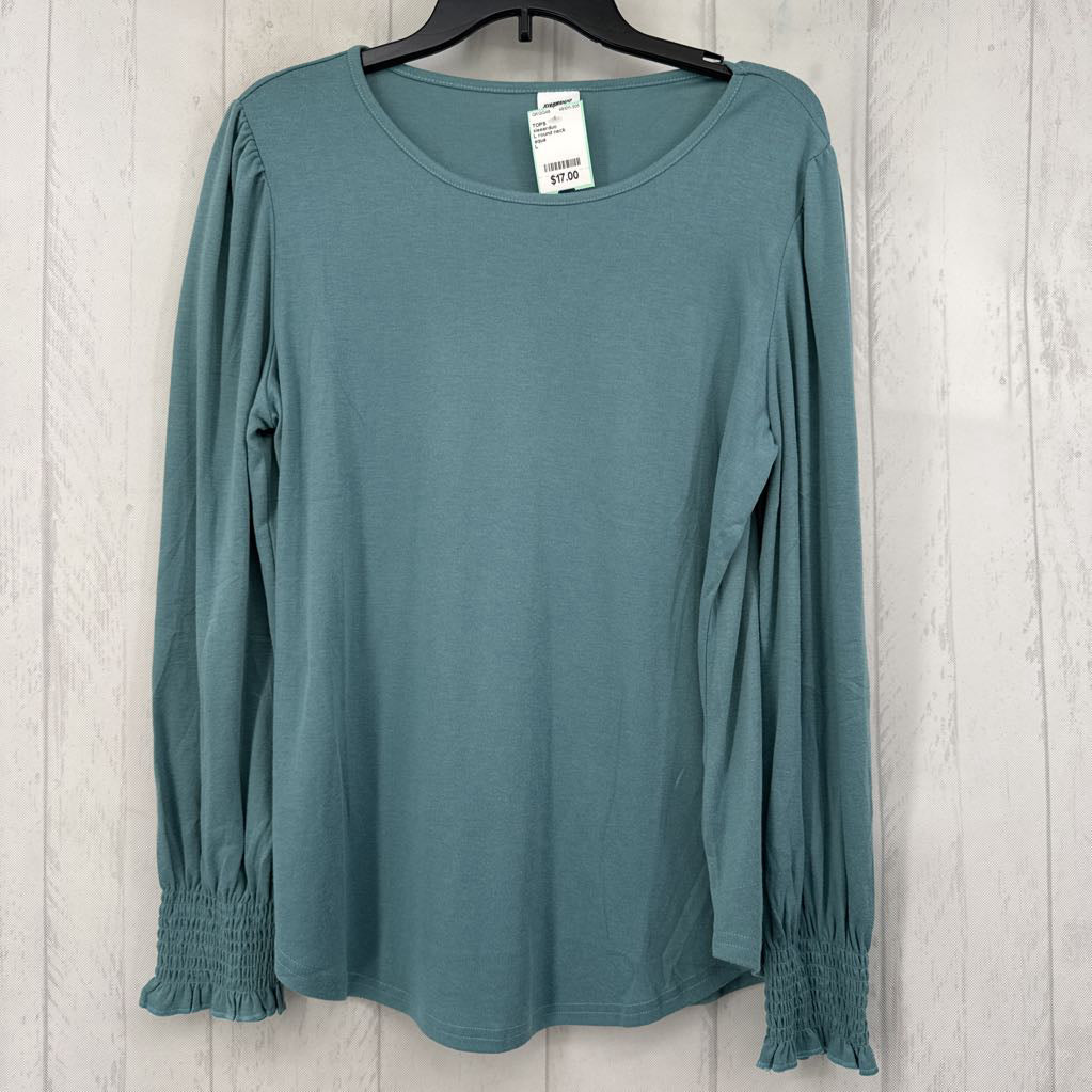 L round neck smocked slv top l/s