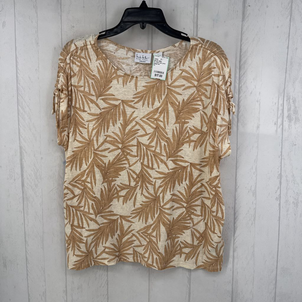 XL linen leaf print ruched slv top s/s