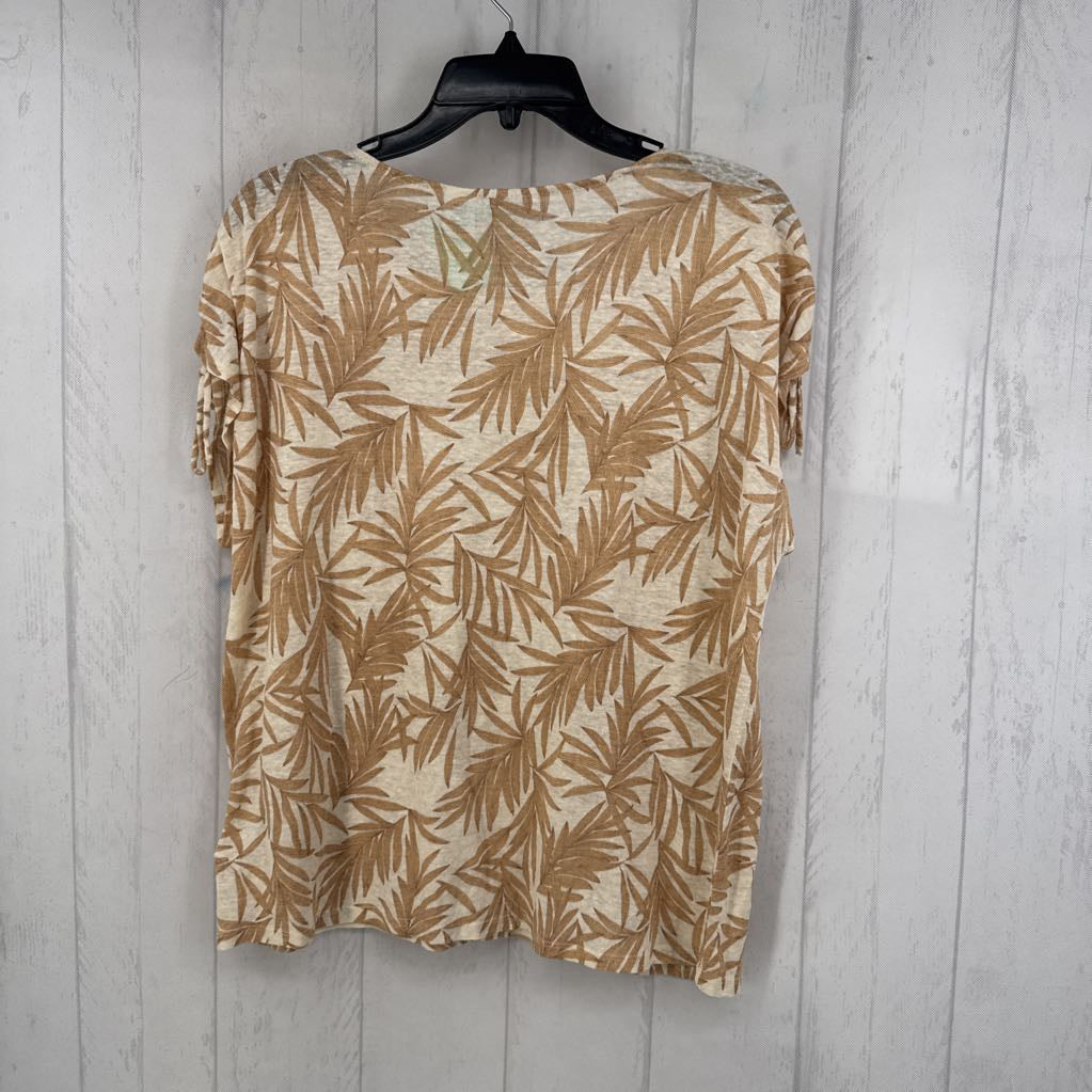 XL linen leaf print ruched slv top s/s