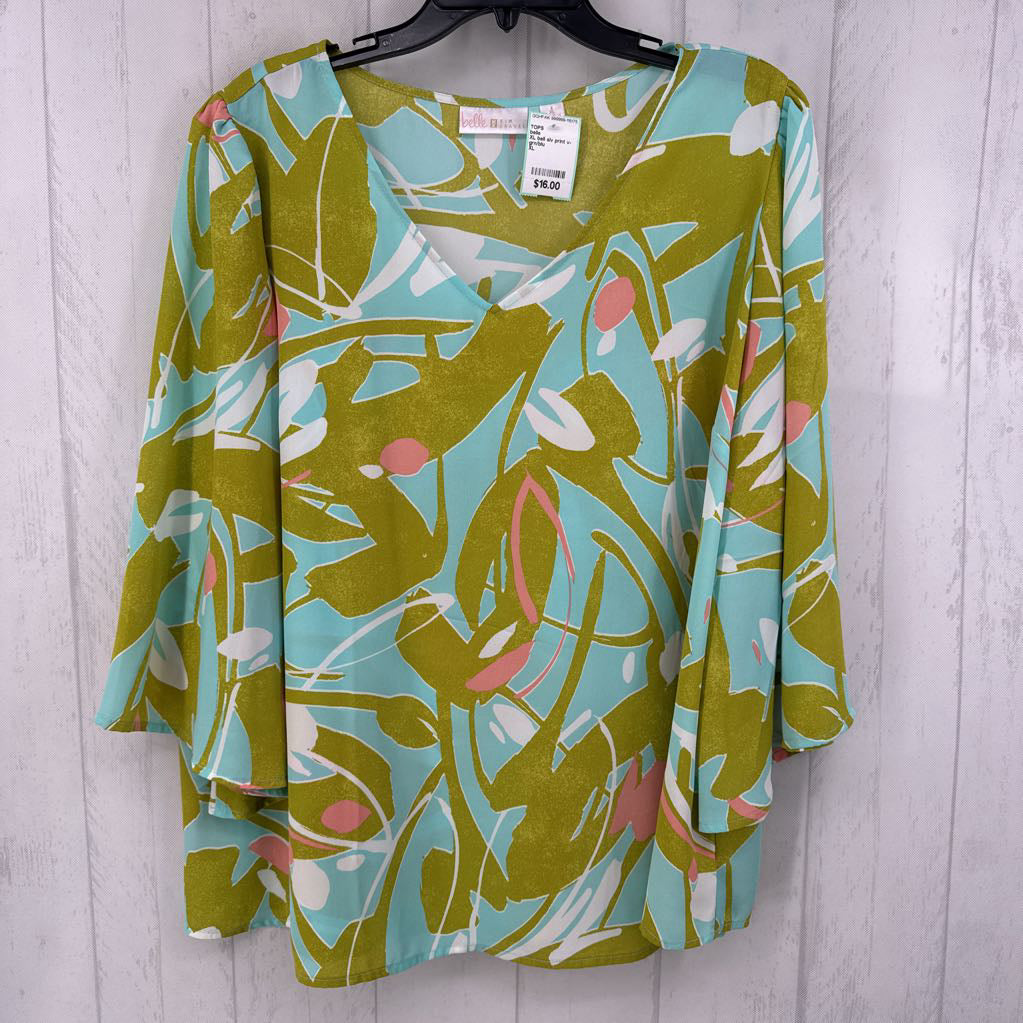 XL bell slv print v-neck top