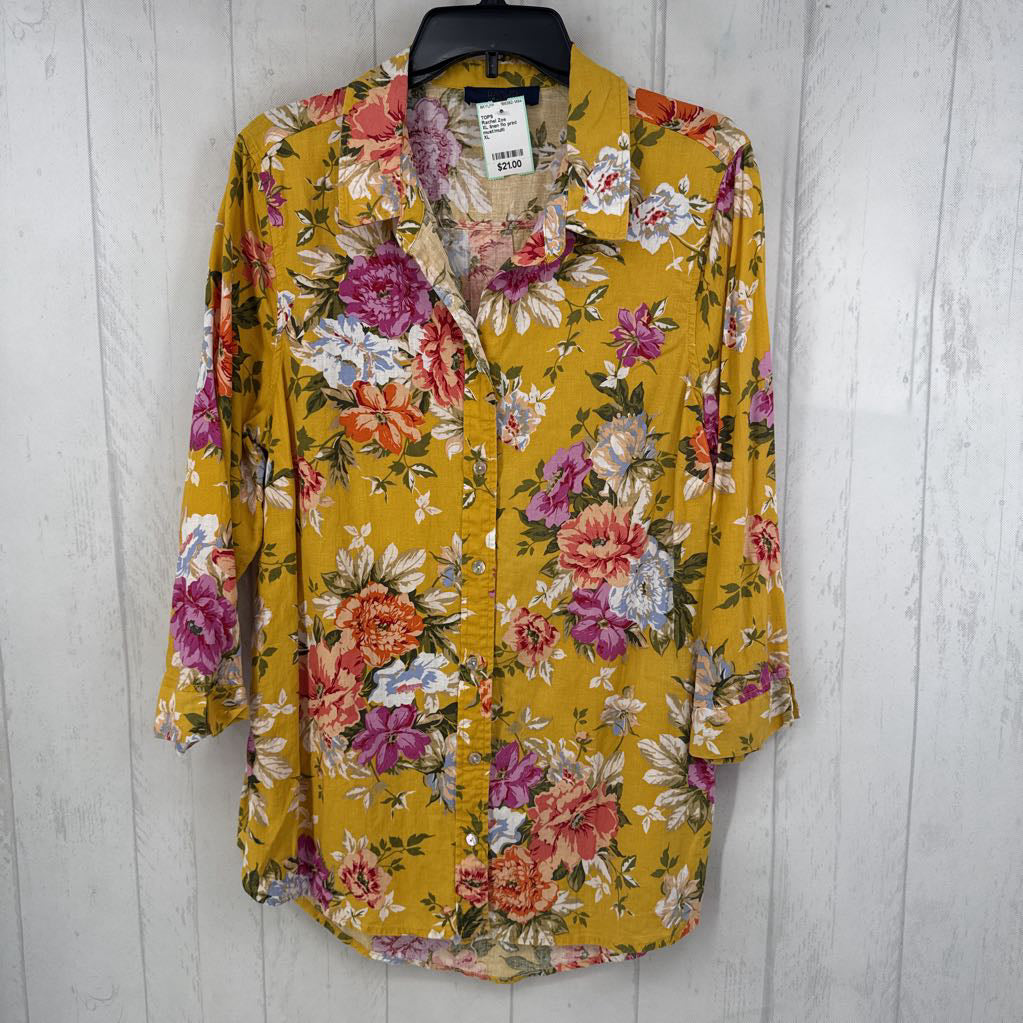 XL linen flo print button down l/s top