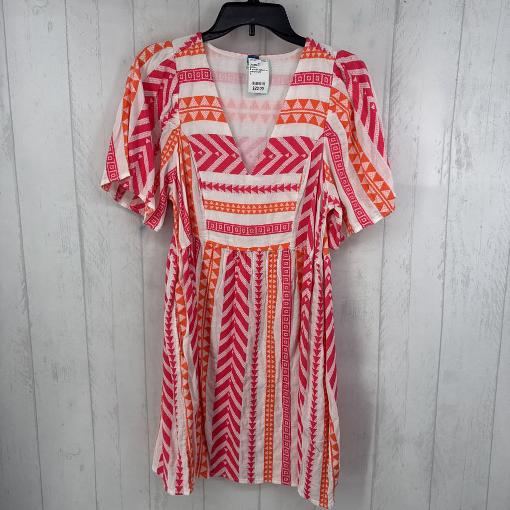 S woven pattern v-neck s/s dress