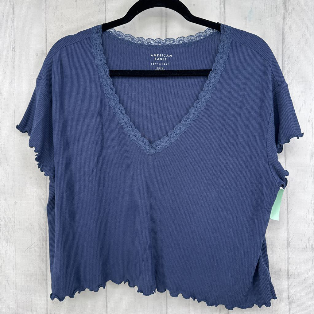 M ribbed lace trim v-neck s/s top