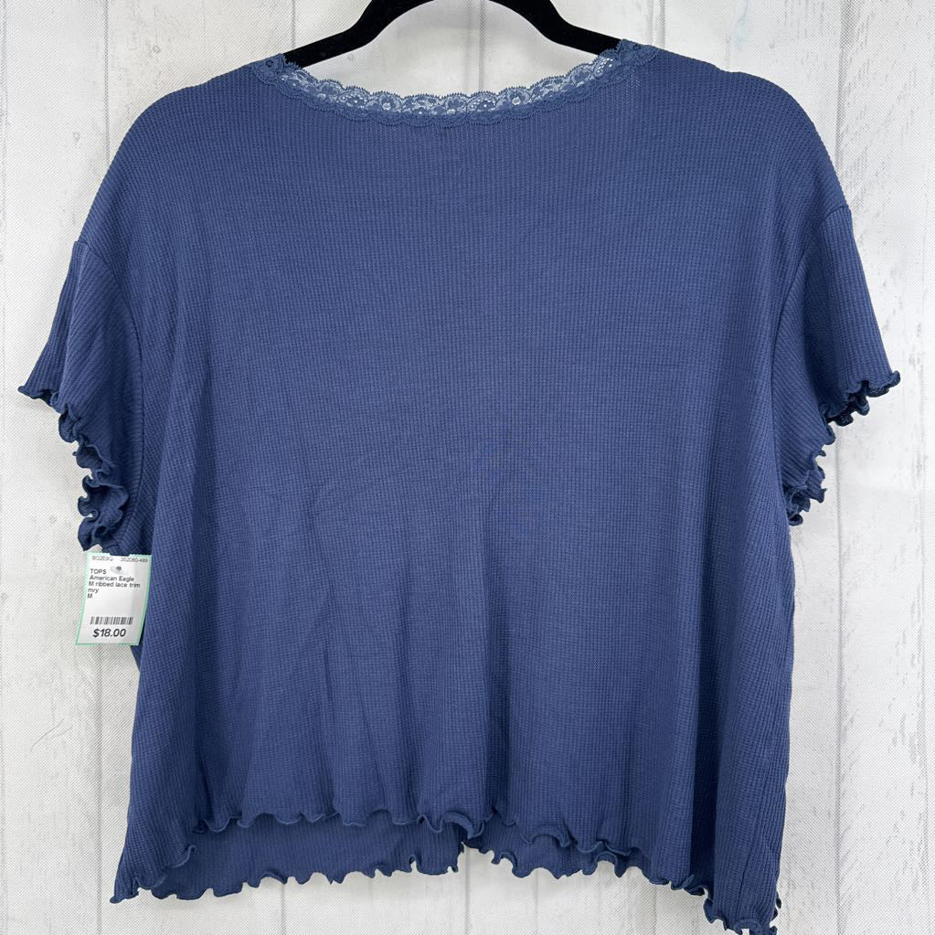 M ribbed lace trim v-neck s/s top