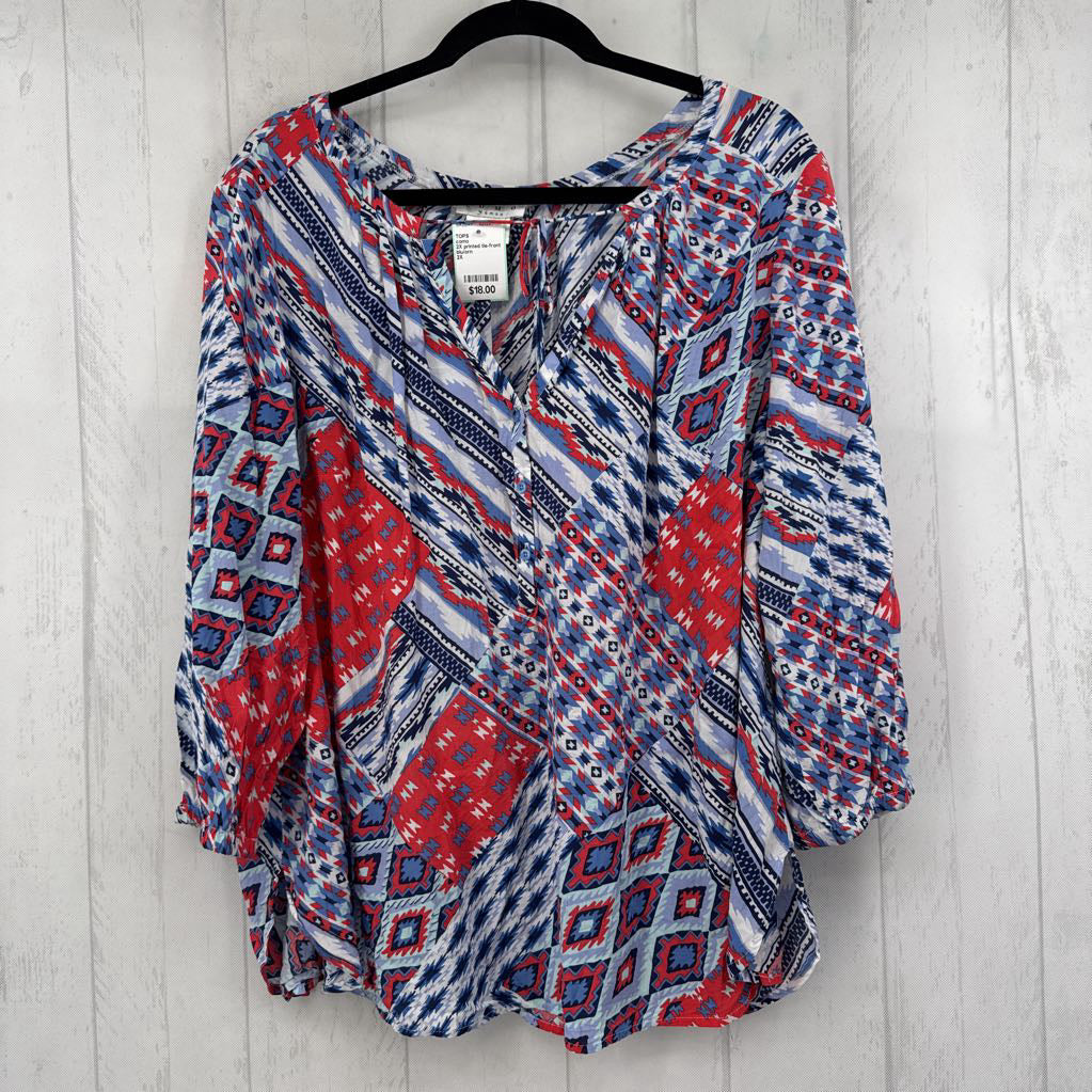 2X printed tie-front 3/4 slv top