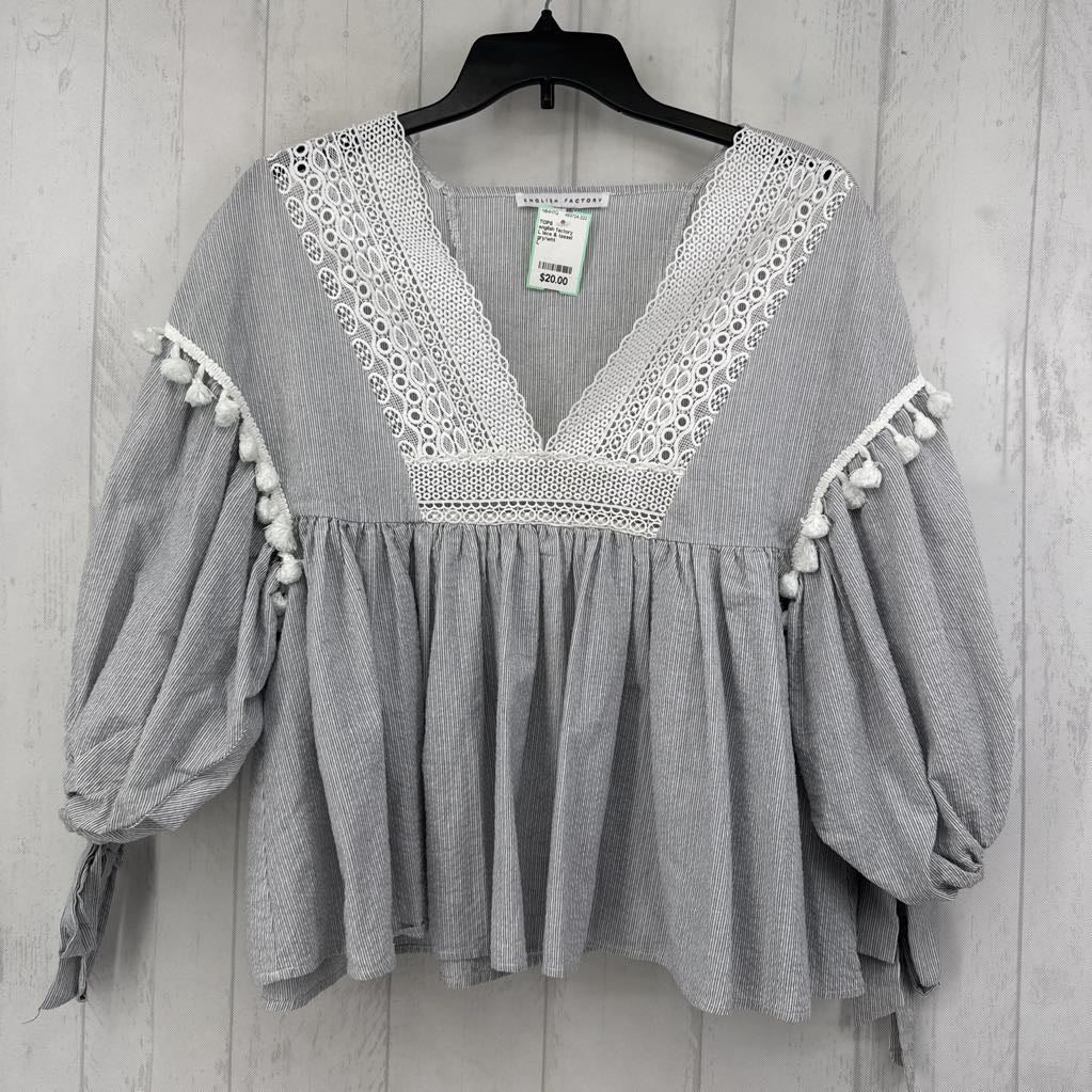 L lace & tassel accent striped v-neck 3/4 slv top