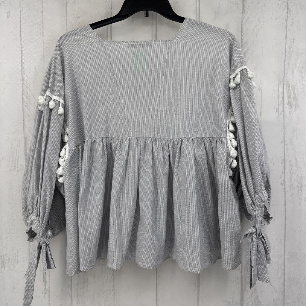 L lace & tassel accent striped v-neck 3/4 slv top