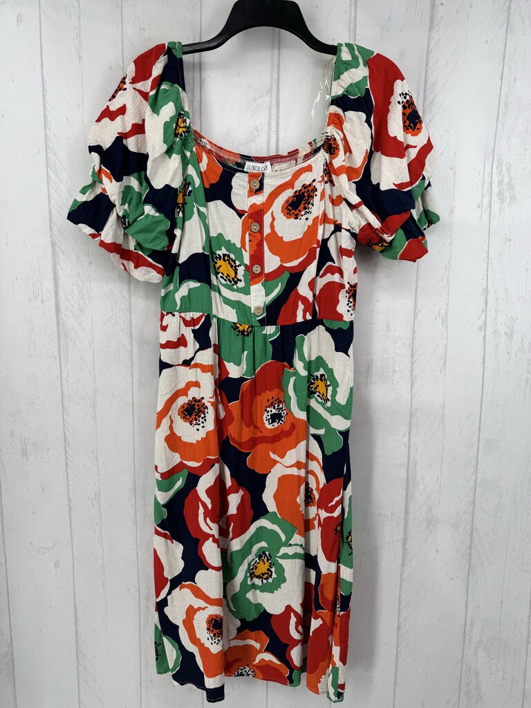 L flo print button front s/s dress