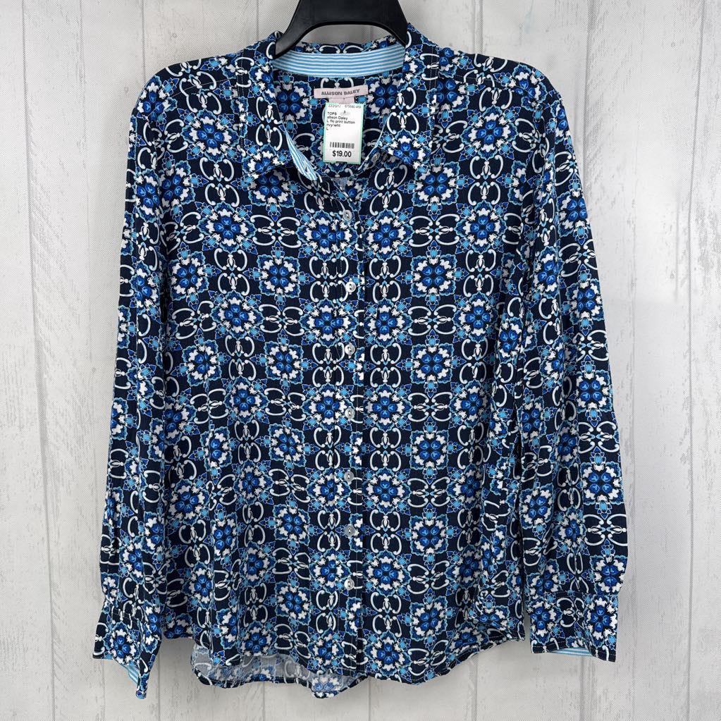 L flo print button down l/s top
