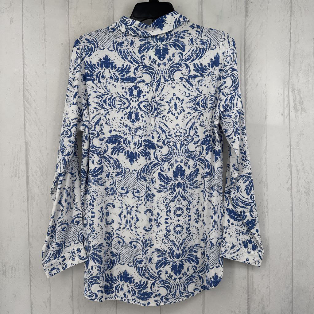 12 damask print button down l/s top