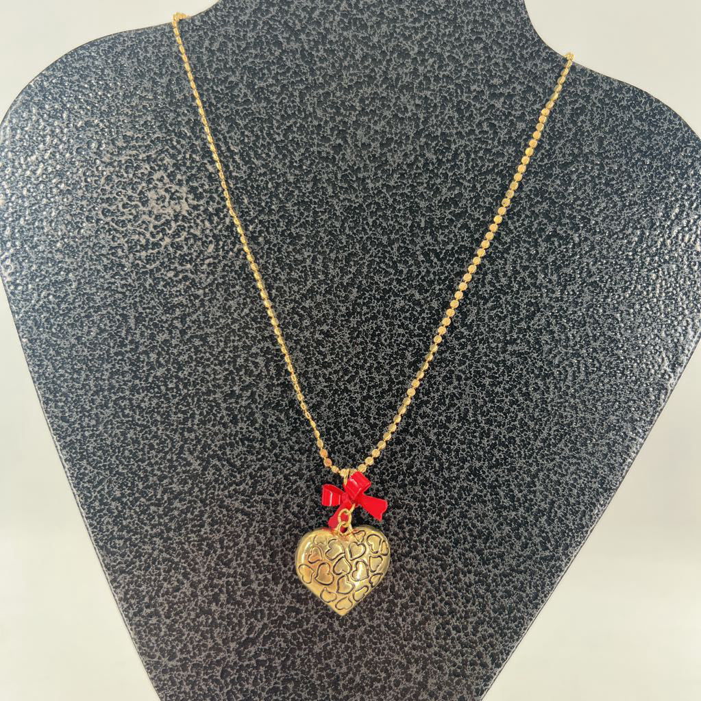 gold tone red bow & heart pendant necklace