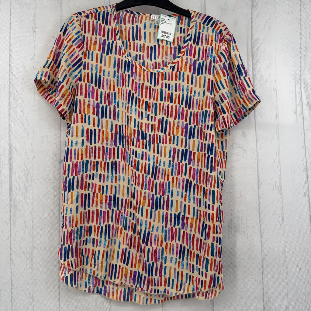 S printed round neck s/s top