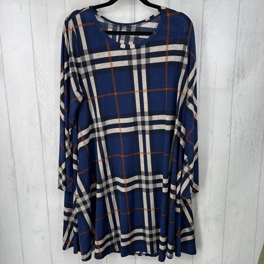 3X plaid round neck l/s dress