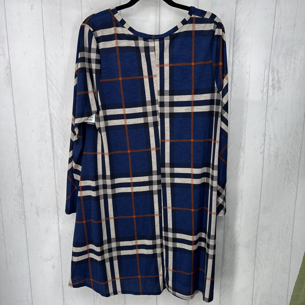 3X plaid round neck l/s dress